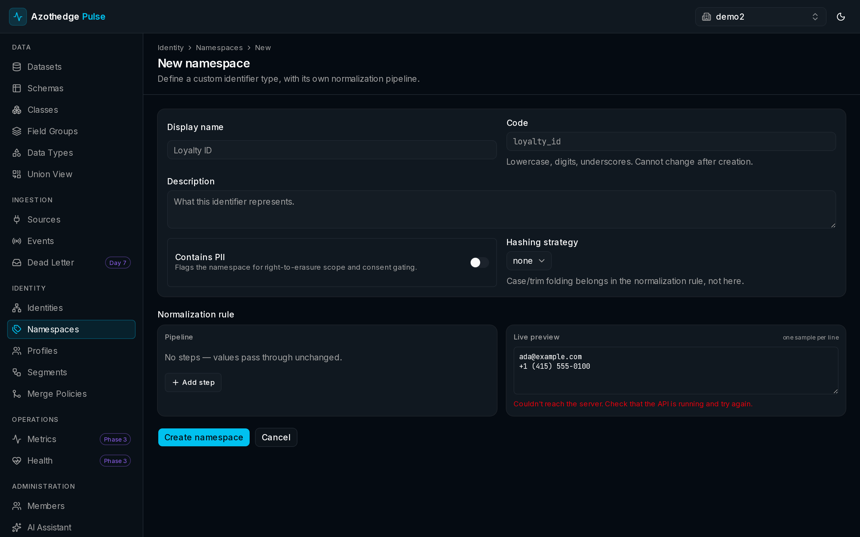 Creating a new namespace in Pulse