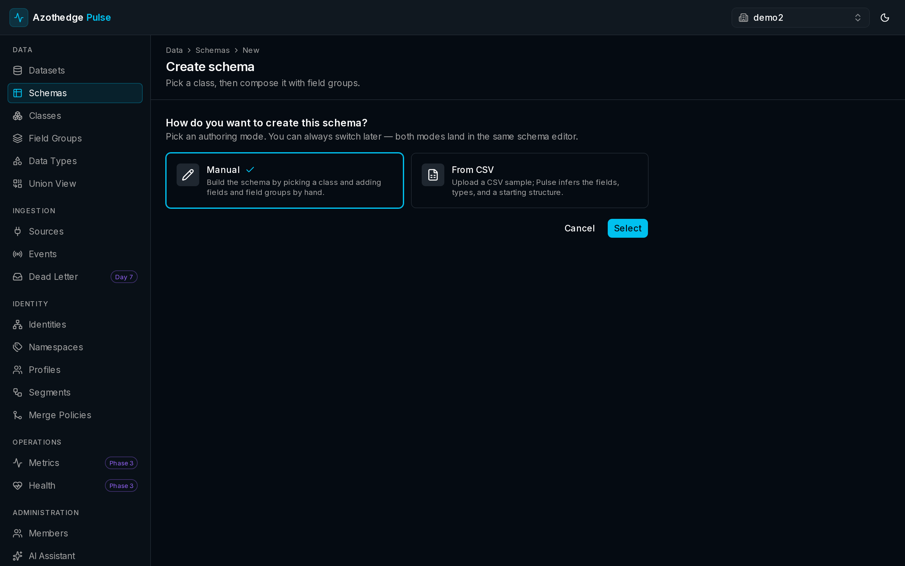 The New schema screen in Pulse