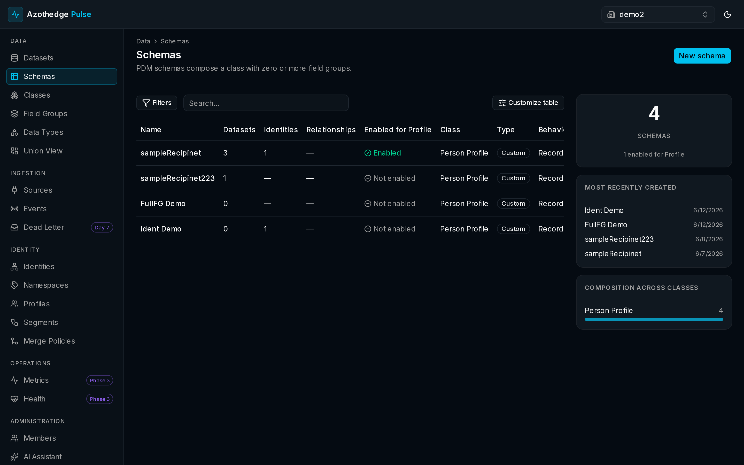 The Schemas list in Pulse showing each schema and its status